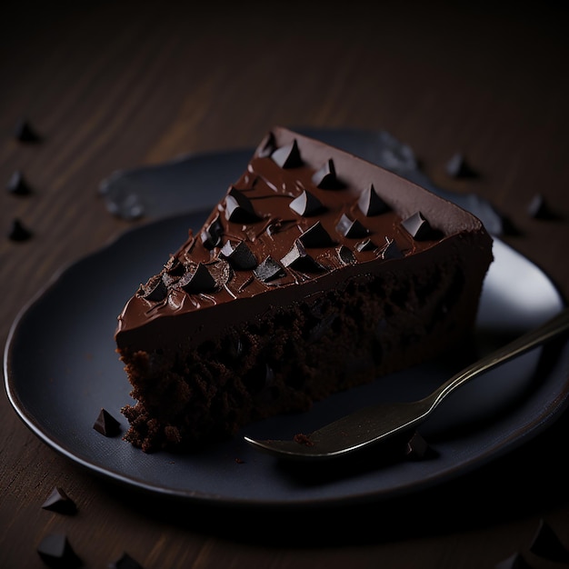 A piece of chocolate cake on a plate with a fork.