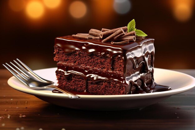 フォークで皿に盛られたチョコレート ケーキ