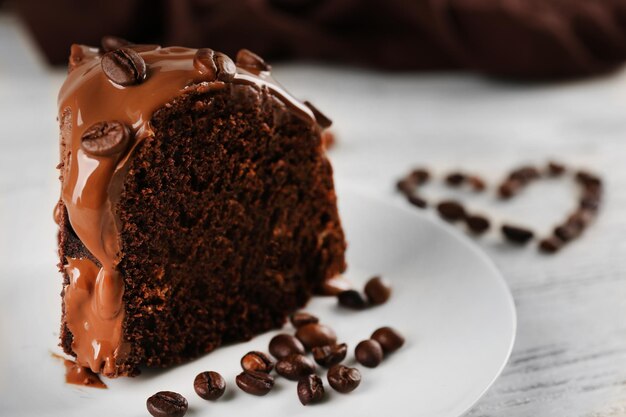 Piece of chocolate cake on a table