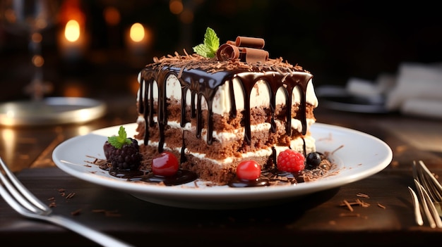 Piece of chocolate cake on a white plate