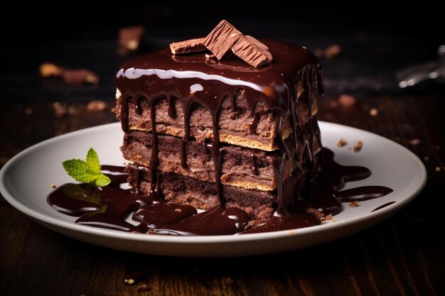 a piece of chocolate cake on a white plate