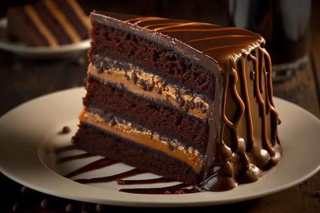 A piece of chocolate cake with caramel filling on top of it.