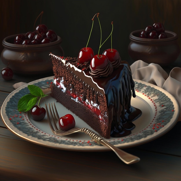 A piece of chocolate cake with cherries on a plate generative ai