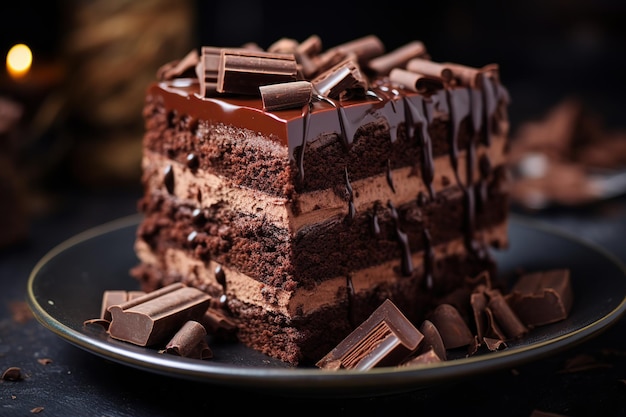 Piece of chocolate cake with chocolate bars on plate on wooden table