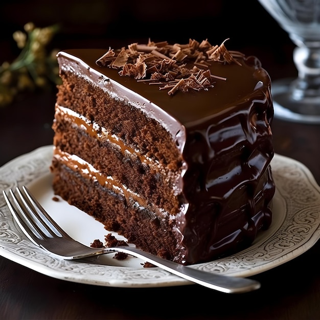 A piece of chocolate cake with chocolate icing and a fork on a plate.