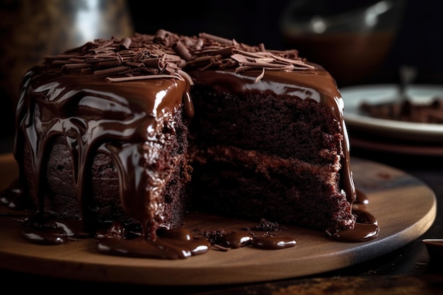 A piece of chocolate cake with chocolate icing on top