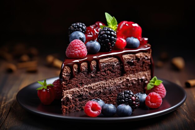 Piece of chocolate cake with fresh berries on brown wooden table