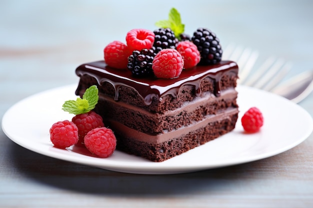 Кусок шоколадного торта с свежими ягодами на деревянном столе