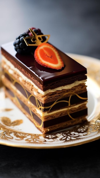 a piece of chocolate cake with a fruit on the top.