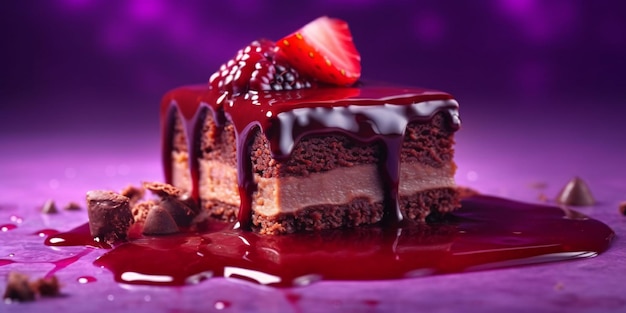 A piece of chocolate cake with melted chocolate and strawberries on purple background generative ai