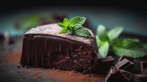 A piece of chocolate cake with mint on the table