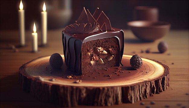 A piece of chocolate cake with nuts on it