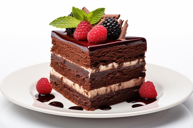 a piece of chocolate cake with raspberries and chocolate sauce