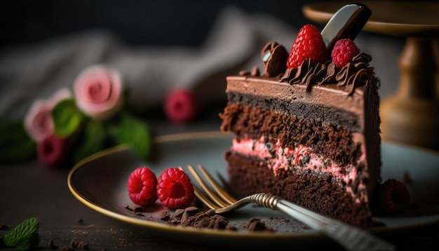 A piece of chocolate cake with raspberries on top