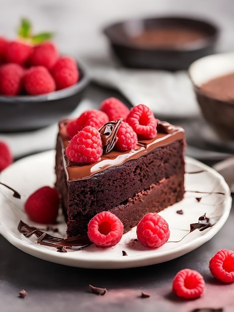 A piece of chocolate cake with raspberries on top