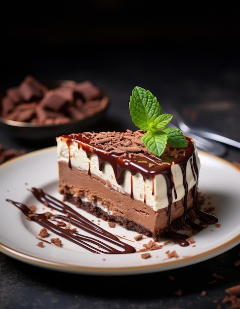 Piece of chocolate cheesecake on the dark table