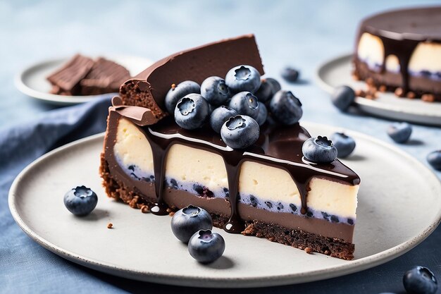 Piece of Chocolate cheesecake with fresh blueberries and chocolate Generative AI