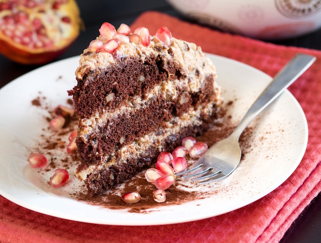 Piece of Chocolate, walnut and Prune Cake on a plate close up