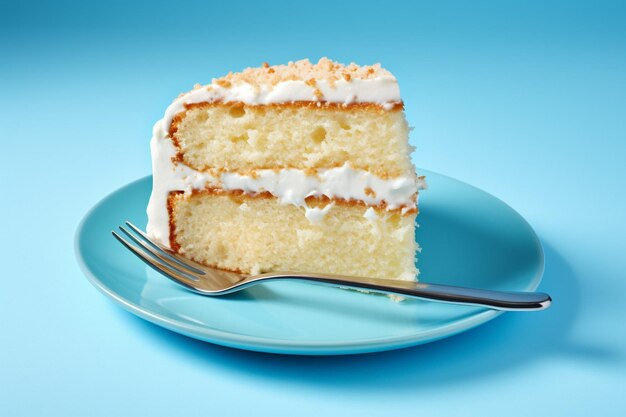 A piece of creamy cake on blue plate with fork