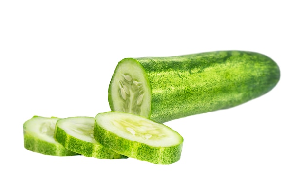Piece of cucumber and slices isolated on white background