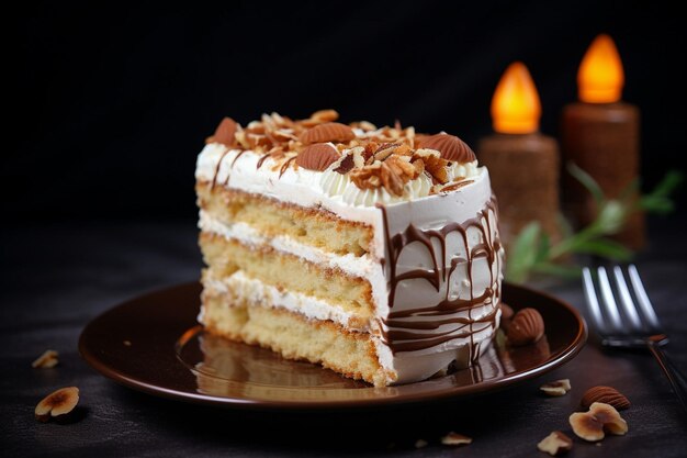 A piece of delicious cake on a white plate