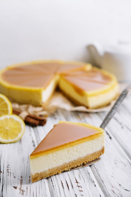 A piece of delicious caramel cheesecake