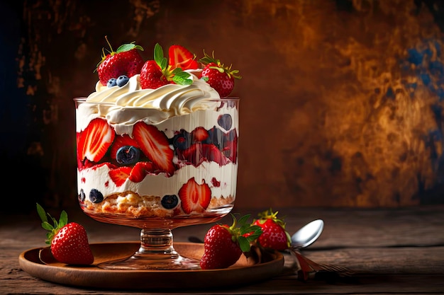 Piece of delicious homemade strawberry trifle with cream and berries on plate