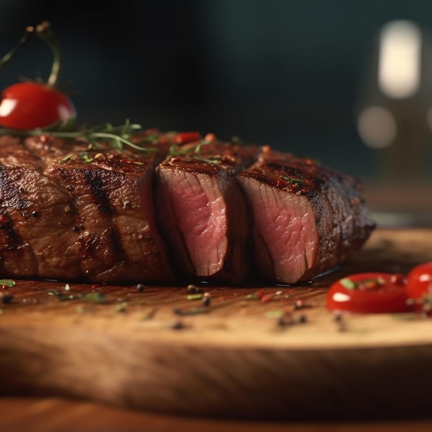 A piece of delicious medium grilled beef steak closeup photo generative ai