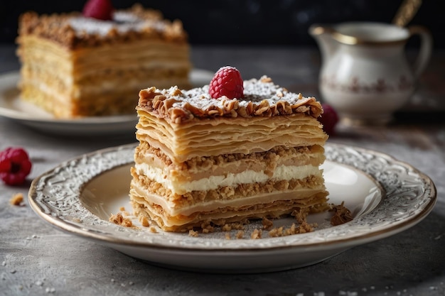 piece of delicious Napoleon cake served on the table close up