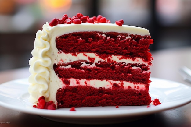 A piece of delicious red velvet cake on a plate with a fork