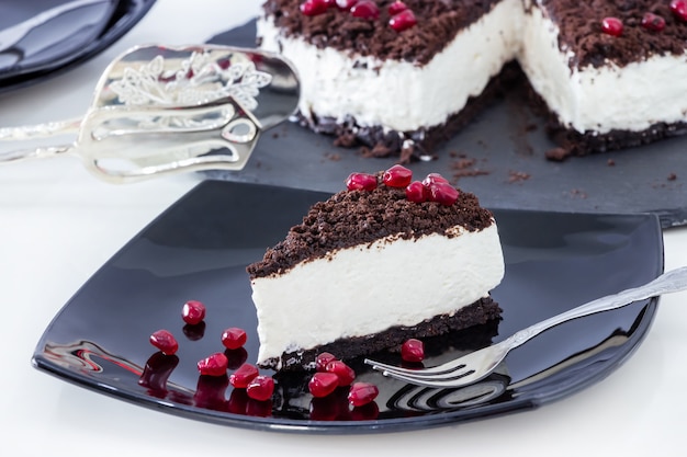 Piece of delicious vanilla chocolate cheesecake.