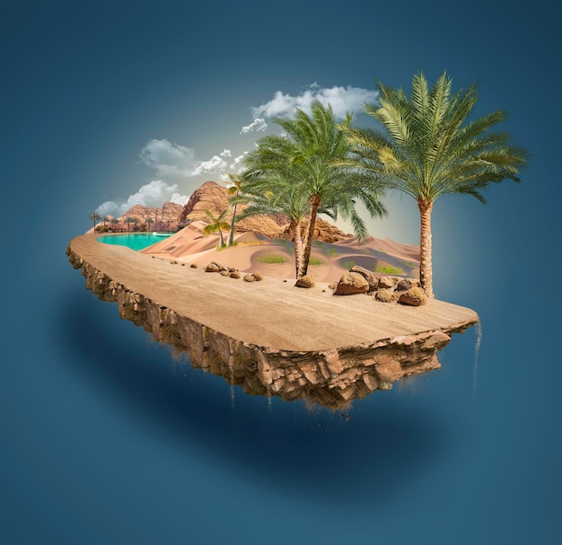 Photo piece of desert isolated creative travel and tourism offroad design with palm trees