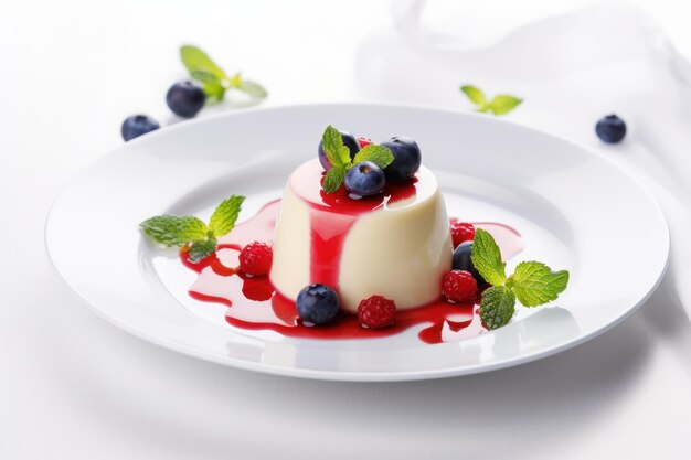 A piece of flan with blueberries and mint on a white plate.