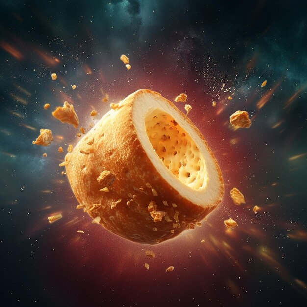 Photo a piece of food that is flying in the air with a nebula in the background.