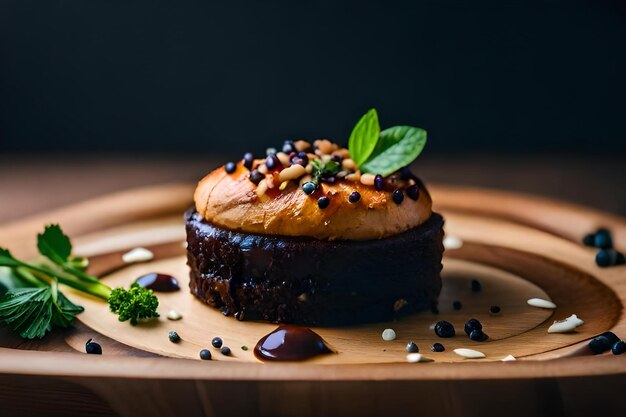 a piece of food with a green leaf on top of it