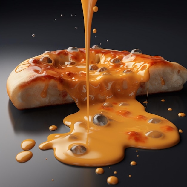Photo a piece of food with a liquid being poured over it.