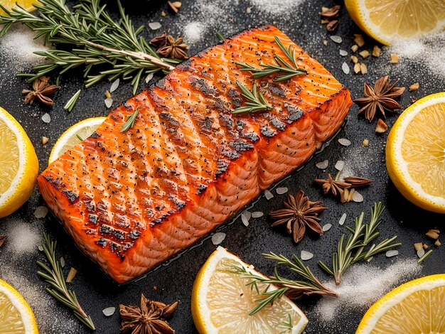 Piece of fried salmon lemon rosemary