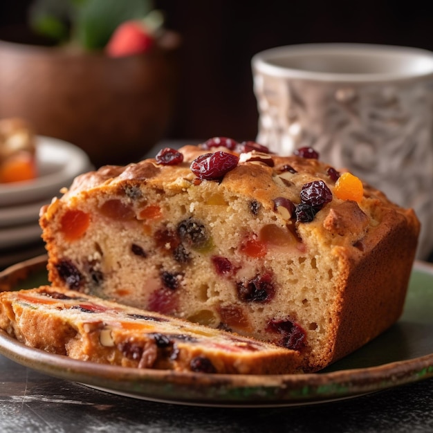 A piece of fruit cake with a slice taken out of it.