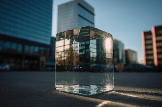 Photo piece of glass reflecting the surrounding buildings generative ai