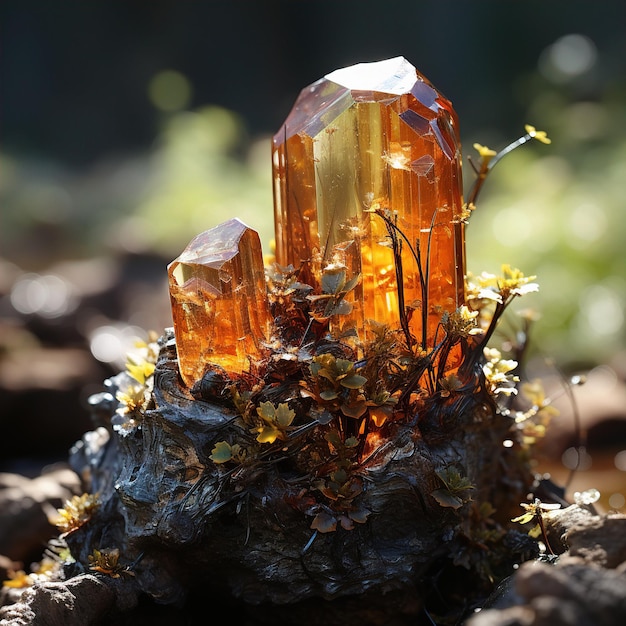 a piece of glass with yellow lichen on it