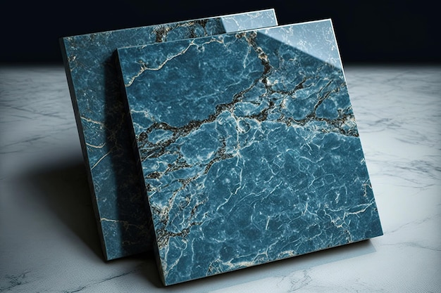 A piece of granite marble with shades of blue The marble has a distinctive and unique design with veins of blue running through a background of white or gray Generative AI