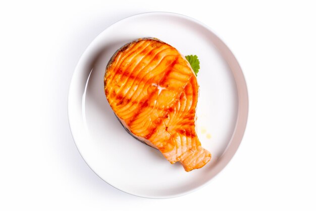 Piece of grilled salmon on plate with parsley garnish Generative AI