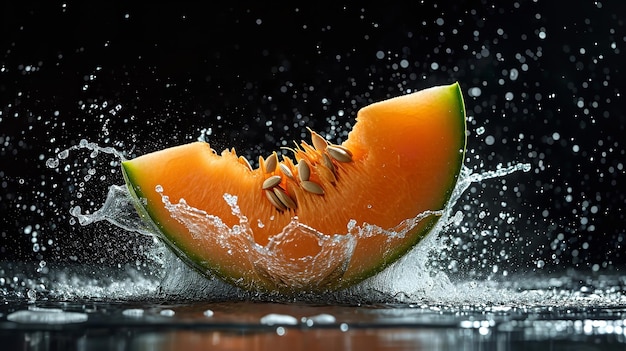 A piece of hami melon slice with water splash against a dark backdrop with empty space Generative AI