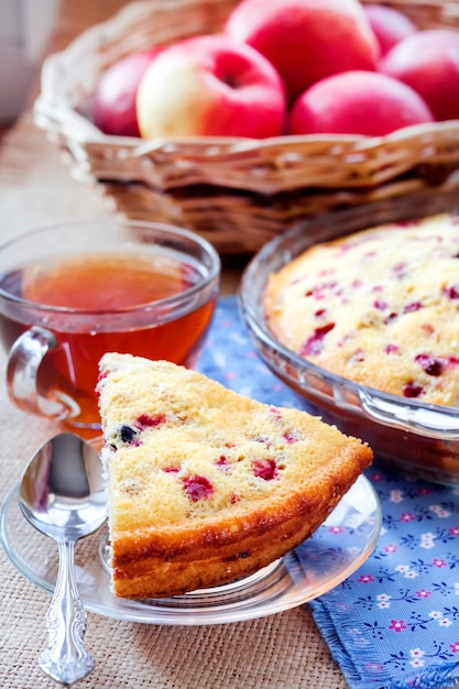 Piece of homemade cowberry pie on a pate