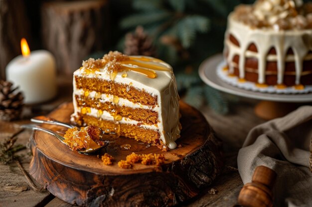 Photo a piece of homemade honey cake on wooden board