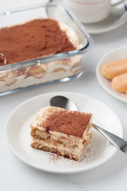 Piece of Homemade Tiramisu cake dessert