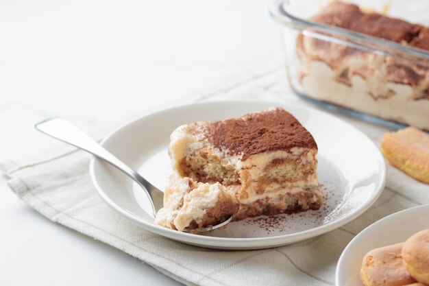 Piece of Homemade Tiramisu cake dessert