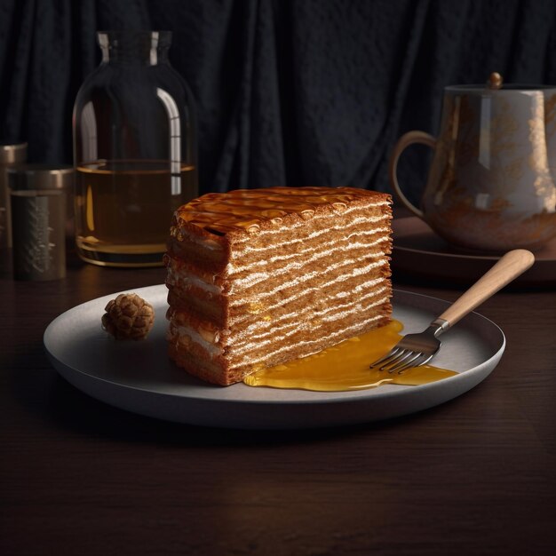 A piece of honey cake on a plate with honey and white cream Generative AI
