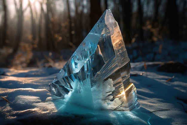 얼음 조각은 나무 사이로 비치는 태양과 함께 눈으로 덮여 있습니다.
