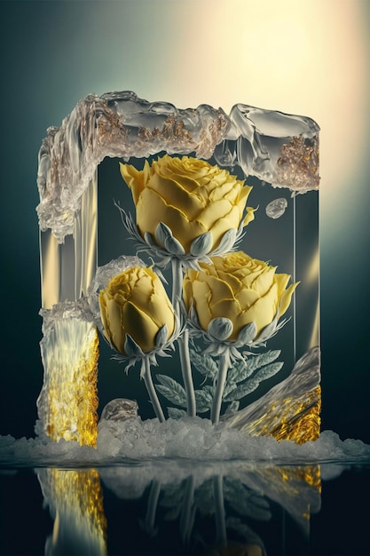 Piece of ice with a bunch of yellow roses in it generative ai